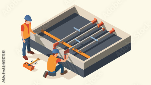 Isometric view of two workers installing pipes in a concrete structure with tools visible