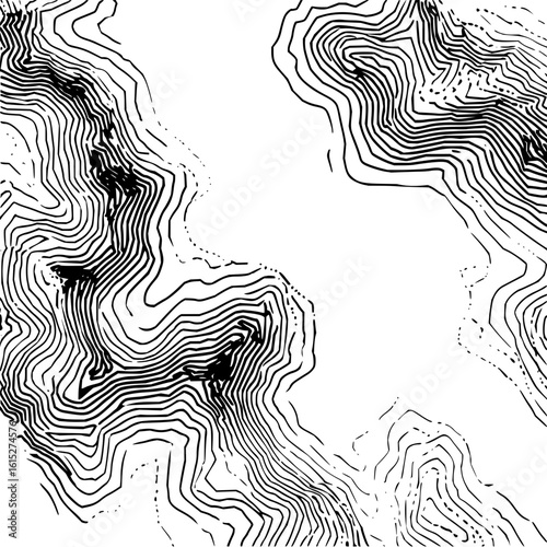 Topographic map illustration showing contour lines and elevation changes in a black and white graphic style