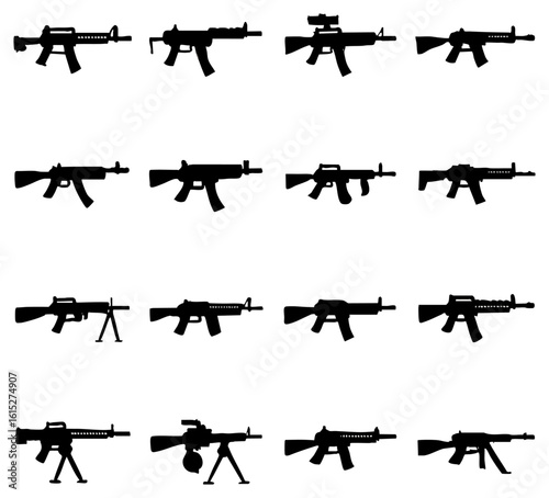 A striking collection of silhouettes showcases various firearms, offering a visually compelling representation of different gun types. a diverse range of weaponry is displayed,
