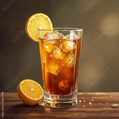 A glass of iced tea with lemon slices, resting on a wooden surface.