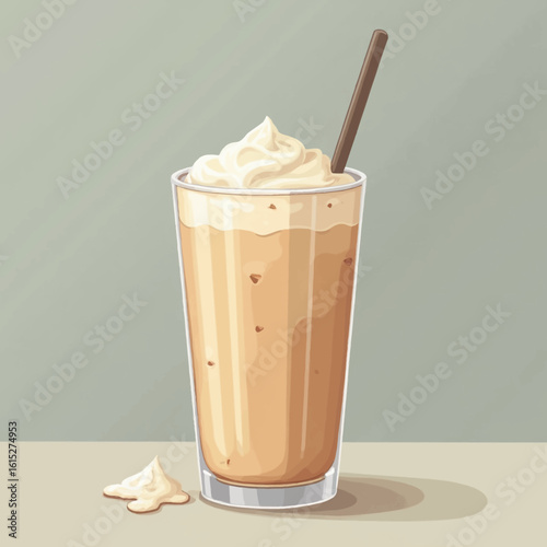 A tall glass of iced coffee drink topped with whipped cream and a straw.