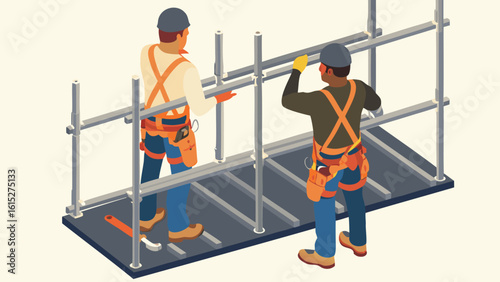 Two construction workers assembling scaffolding wearing safety harnesses and hard hats on site