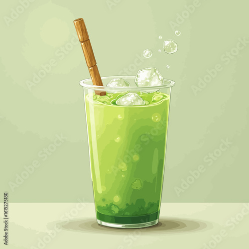 Illustration of a refreshing green beverage with ice cubes and a straw in a clear plastic cup.