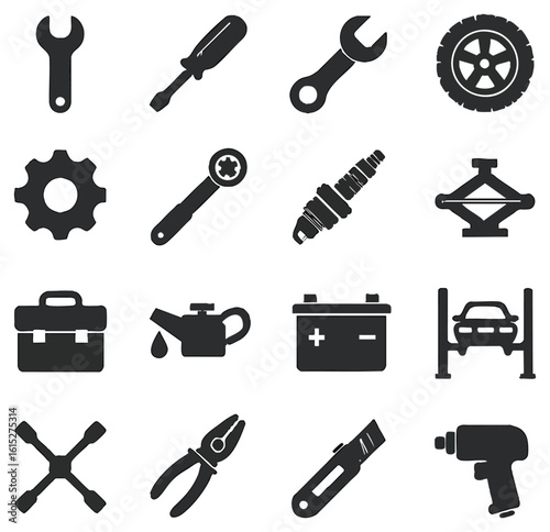 A collection of automotive tools and equipment icons a comprehensive set of repair and maintenance symbols for mechanic, garage, and automotive-related design. this versatile set