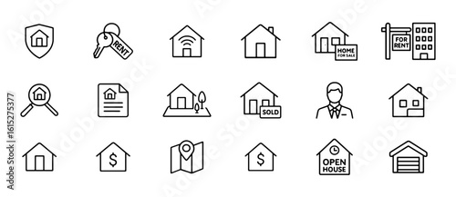 Collection of real estate related line icons on a white canvas view