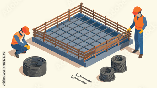 Isometric view of construction workers building a concrete foundation with rebar and wooden fence