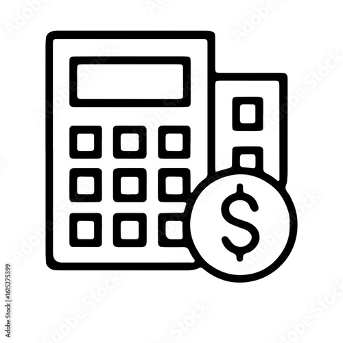 Outlined calculator with a dollar coin illustrating financial math