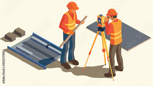 Two construction workers surveying a site with equipment and materials on a light background