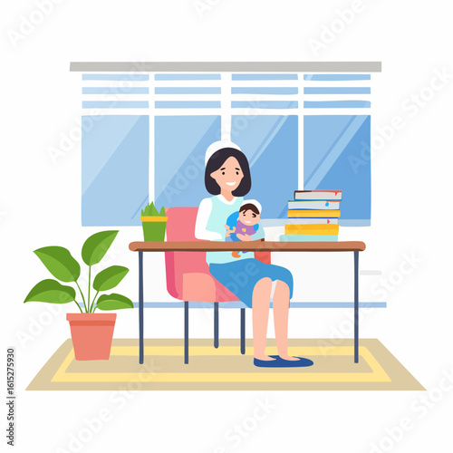 An illustration of a mother holding her child while sitting at a desk, representing the concept of working from home, remote parenting, and balancing family responsibilities with professional