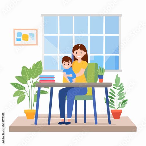 An illustration of a mother holding her child while sitting at a desk, representing the concept of working from home, remote parenting, and balancing family responsibilities with professional
