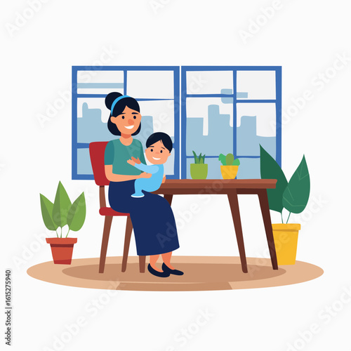 An illustration of a mother holding her child while sitting at a desk, representing the concept of working from home, remote parenting, and balancing family responsibilities with professional