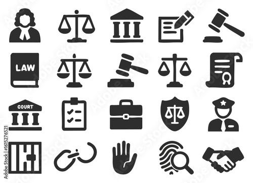 A collection of law icons, a comprehensive set of legal symbols showcasing court, justice, law, and legal concepts for illustrative purposes.