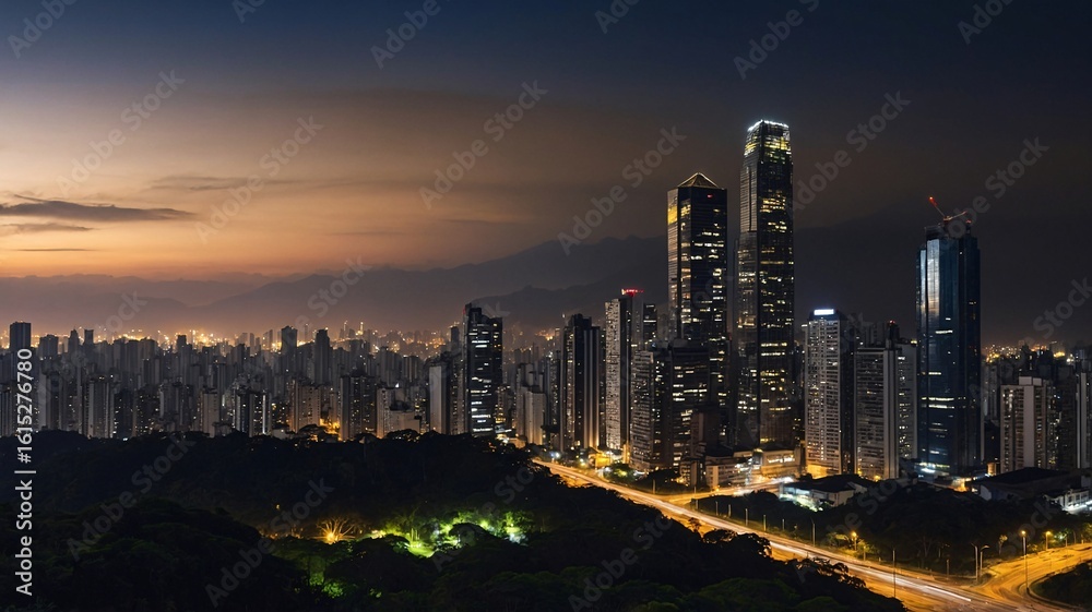Obraz premium Stunning cityscape of urban skyscrapers at dusk, showcasing vibrant lights and a serene twilight sky.