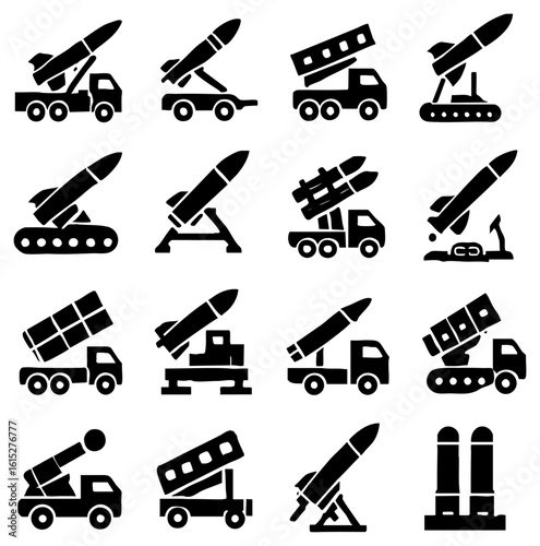 A collection of missile launcher silhouettes, featuring diverse missile launch vehicles and weaponry designs, perfect for military, defense, and strategic warfare concepts.