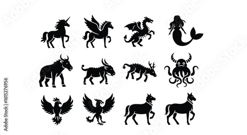 Vector silhouette illustration collection of mythical and prehistoric creature silhouettes, including a dragon and a dinosaur, isolated on a white background