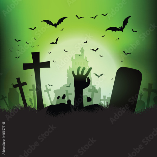 halloween landscape with zombie hand in graveyard