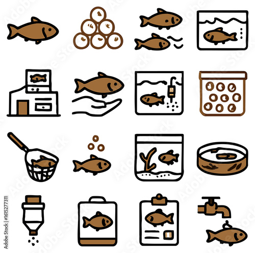 A collection of stylized fish icons showcases various aspects of fish-related activities and objects, representing the diversity of the fishing industry and its interconnected