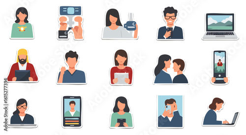 A collection of stylized illustrations showcases diverse individuals using technology, including smartphones, laptops, and tablets, highlighting modern communication and digital
