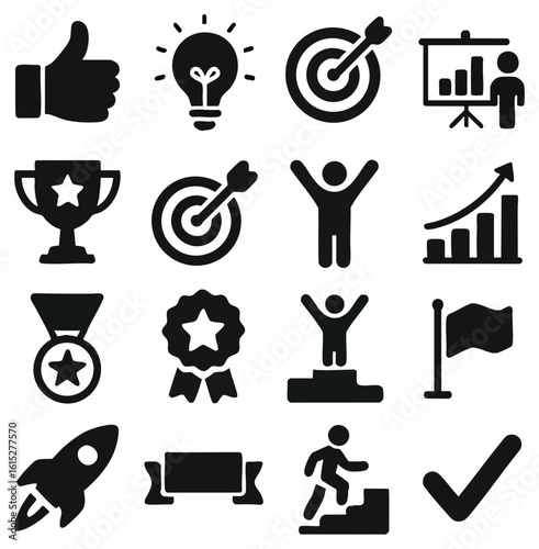 A collection of success icons a visually appealing assortment of success-themed icons, featuring a thumbs-up, lightbulb, bullseye, presentation chart, trophy, rocket, and more,