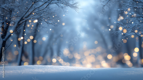 Snow-covered ground with blurred bare trees in the background, illuminated by soft glowing bokeh lights creating a magical winter atmosphere
