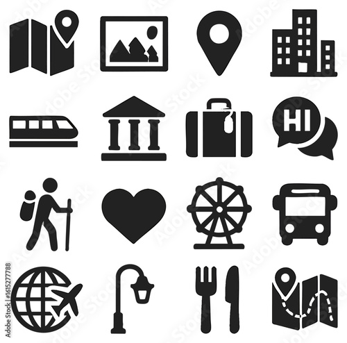 A collection of various icon sets in monochrome. a diverse set of icons representing travel, communication, food, and other concepts, all rendered in a clean, minimalist style