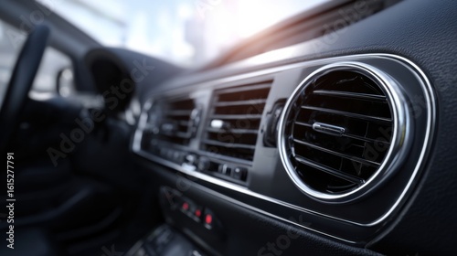 Close-up of car air conditioning vent in a modern vehicle under morning sunlight
