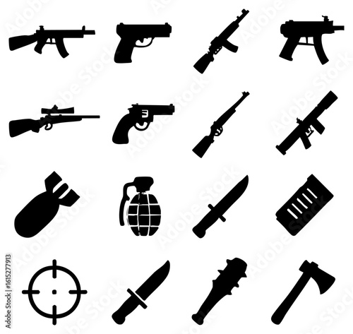 A collection of weapons silhouettes diverse illustrations featuring guns, knives, and explosives, ideal for design and conceptual projects. this compilation showcases various