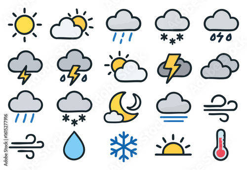 A collection of weather icons, illustrating various weather conditions, including wind, clouds, rain, snow, lightning, sun, temperature, and a mix of weather types, perfect for