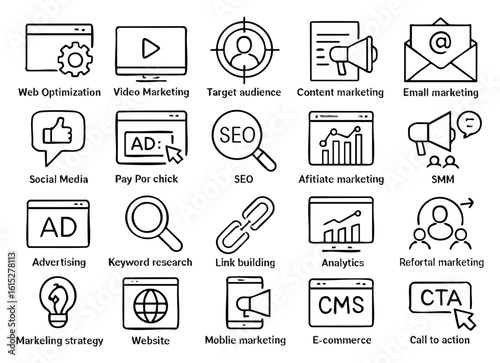A comprehensive collection of marketing icons representing various digital marketing strategies, including seo, advertising, social media, and content marketing, perfect for