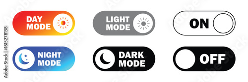 Toggle switch buttons for on off light dark mode and day night mode suitable for mobile apps and web interfaces.