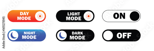 Toggle switch buttons for on off light dark mode and day night mode suitable for mobile apps and web interfaces.