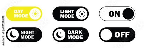 Toggle switch buttons for on off light dark mode and day night mode suitable for mobile apps and web interfaces.