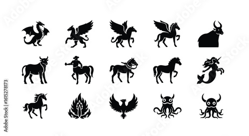Vector silhouette illustration silhouettes of mythical creatures a griffin, a horse with a wreath, and a phoenix