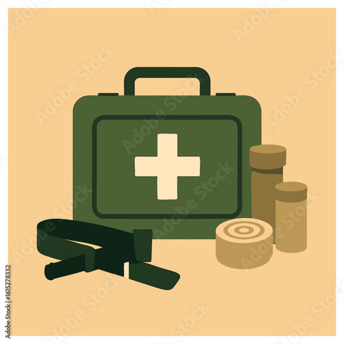 A first aid kit is depicted in a flat design style, showcasing essential medical supplies for emergency situations, including a first aid box, bandages, and other medical