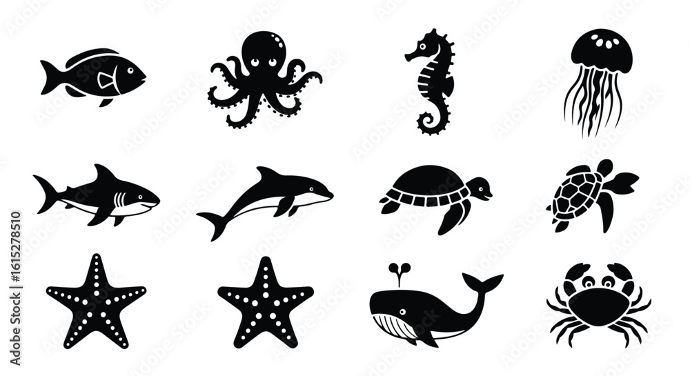 Fototapeta premium Vector silhouette illustration silhouettes of marine life including an orca, a turtle, and an octopus