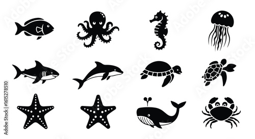 Vector silhouette illustration silhouettes of marine life including an orca, a turtle, and an octopus