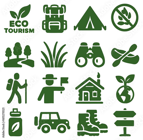 A set of green eco tourism icons representing various outdoor activities and elements related to nature, including hiking, camping, and environmental conservation, ideal for