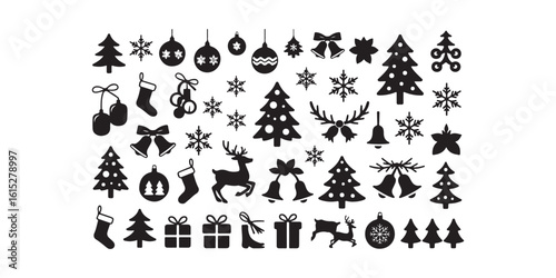 A collection of various christmas themed black silhouette icons on a white background