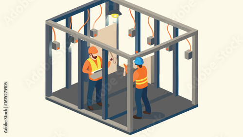 Isometric view of two construction workers inside a framed structure with electrical wiring and boxes