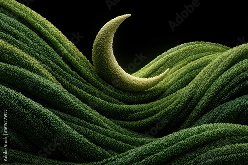green field with white crescent and star waving with textured folds, high contrast