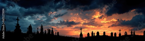 Sunset over graveyard cemetery landscape photography dramatic sky silhouette perspective serene reflection