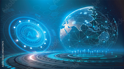 Futuristic technology background with glowing circle mesh and blue neon light effect. Future world backdrop design concept powered by AI artificial intelligence.