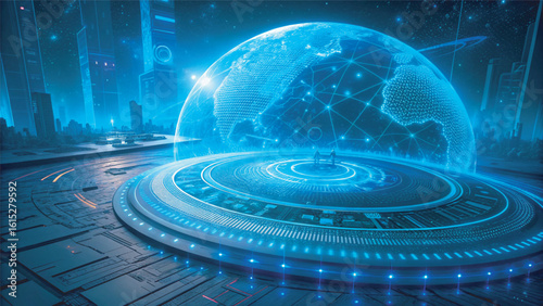 Futuristic technology background with glowing circle mesh and blue neon light effect. Future world backdrop design concept powered by AI artificial intelligence.