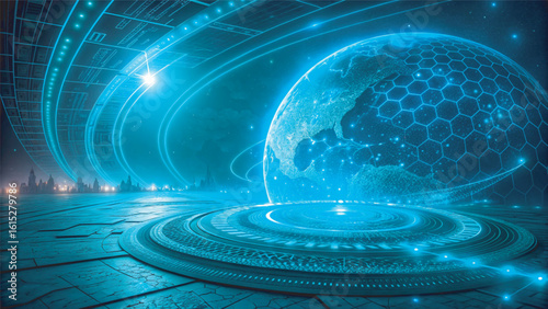 Futuristic technology background with glowing circle mesh and blue neon light effect. Future world backdrop design concept powered by AI artificial intelligence.