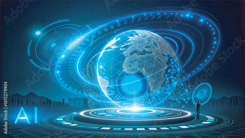 Futuristic technology background with glowing circle mesh and blue neon light effect. Future world backdrop design concept powered by AI artificial intelligence.