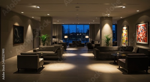 Fototapeta Naklejka Na Ścianę i Meble -  Modern hotel lobby at night, featuring dark gray upholstery, art pieces, and city view