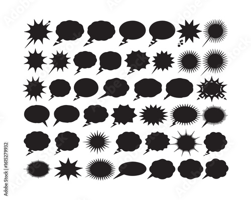 Collection of various black speech bubbles and starburst shapes on a white background sheet