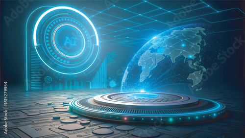 Futuristic technology background with glowing circle mesh and blue neon light effect. Future world backdrop design concept powered by AI artificial intelligence.