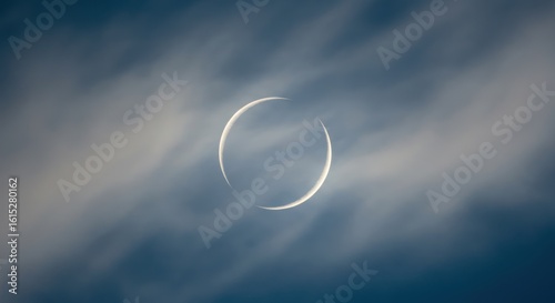 Crescent Moon in Cloudy Sky, Celestial Beauty.