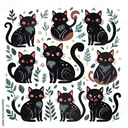 A clean cat silhouette vector icon set in minimalist style featuring various feline poses, perfect for pet designs, logos, stickers, and digital artwork in high-resolution flat design

